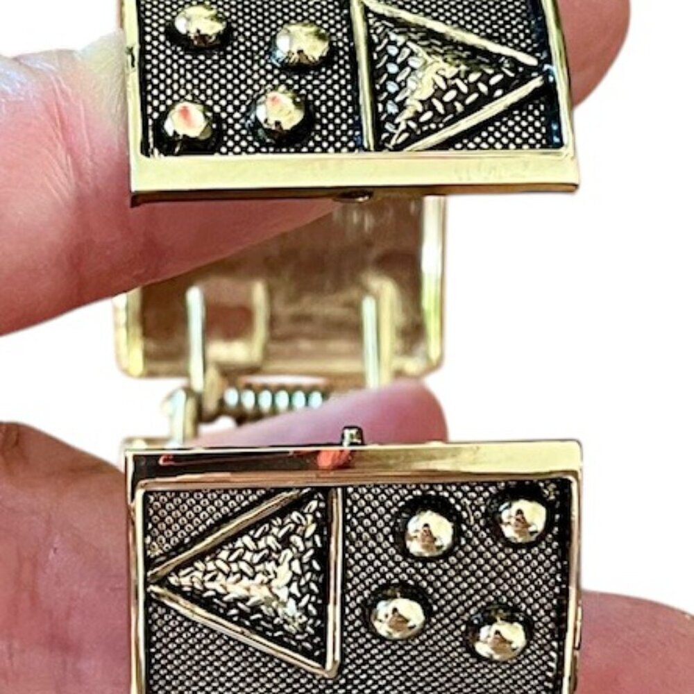 Gold Tone Cuff Rhinestone Geometric Pattern Spring Hinged Statement Bracelet - Picture 7 of 9